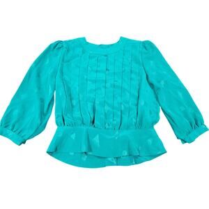 Vintage 90's Giovanni Petites Turquoise Pleated Peplum Blouse Top Size 10 10P